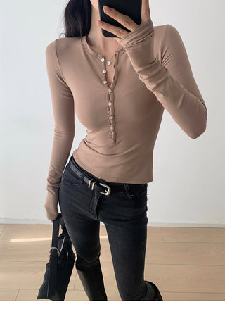 Retro solid color single breasted long sleeve top