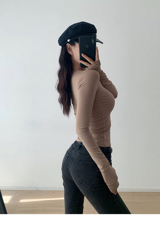 Retro solid color single breasted long sleeve top
