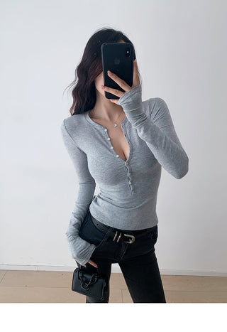 Retro solid color single breasted long sleeve top