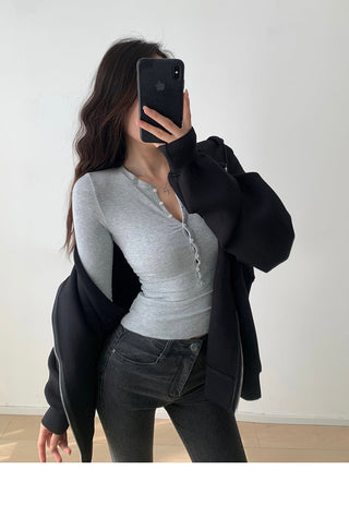 Retro solid color single breasted long sleeve top