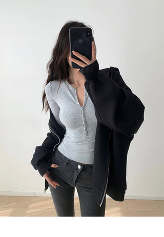 Retro solid color single breasted long sleeve top