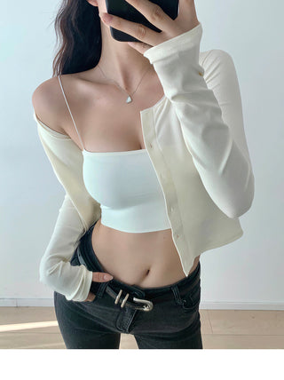 Round neck lace single-breasted cardigan