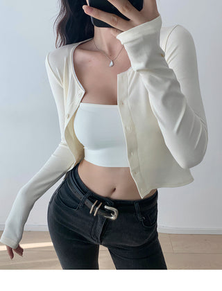 Round neck lace single-breasted cardigan