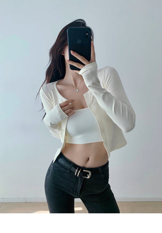 Round neck lace single-breasted cardigan