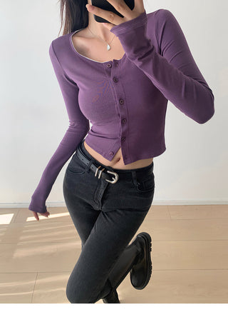 Round neck lace single-breasted cardigan
