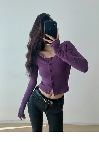 Round neck lace single-breasted cardigan