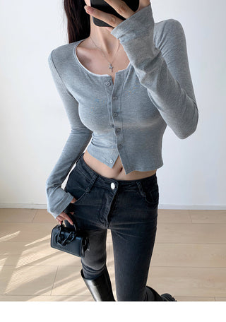 Round neck lace single-breasted cardigan