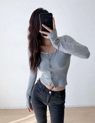 Round neck lace single-breasted cardigan