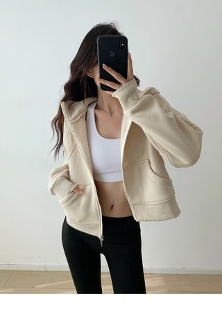 Plus velvet loose hooded zipper