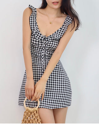 Plaid bow ruffled dress