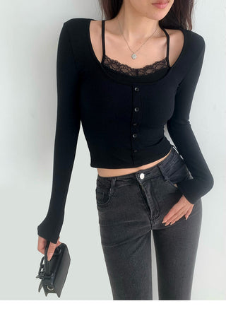 Slim fit fake two-piece lace knit top