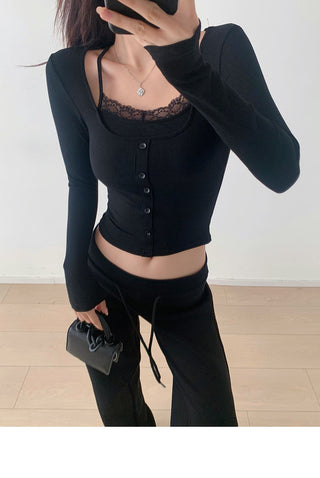 Slim fit fake two-piece lace knit top