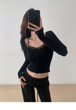 Slim fit fake two-piece lace knit top
