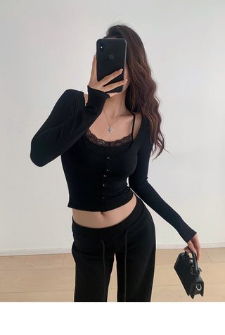 Slim fit fake two-piece lace knit top