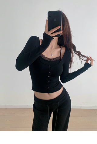 Slim fit fake two-piece lace knit top