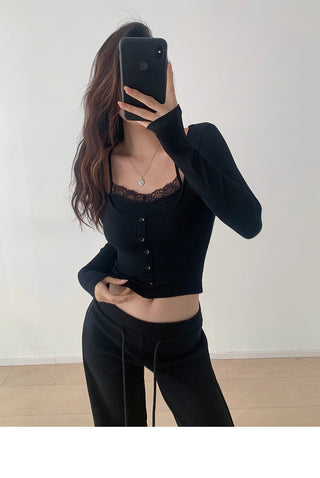 Slim fit fake two-piece lace knit top