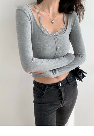 Slim fit fake two-piece lace knit top