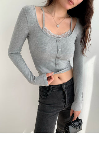 Slim fit fake two-piece lace knit top