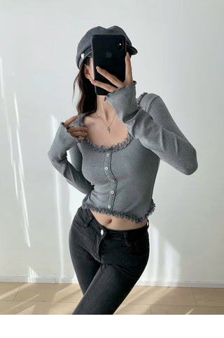 Lace square collar slim top