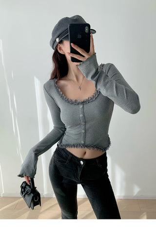 Lace square collar slim top