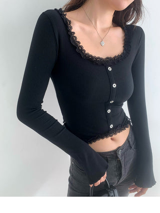 Lace square collar slim top