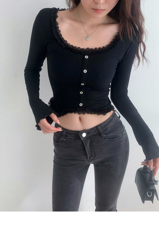 Lace square collar slim top