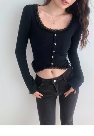 Lace square collar slim top