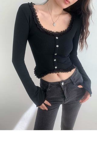 Lace square collar slim top