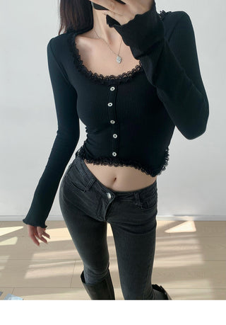 Lace square collar slim top