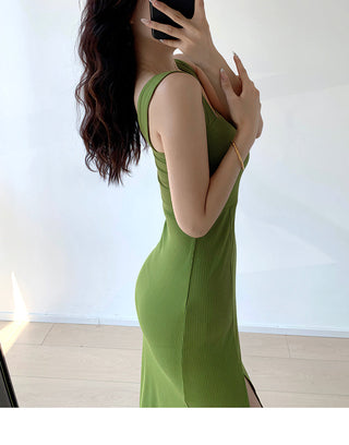 Solid color square neck slim dress