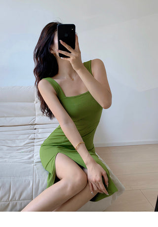 Solid color square neck slim dress