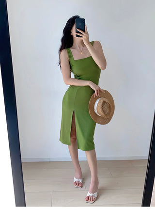 Solid color square neck slim dress