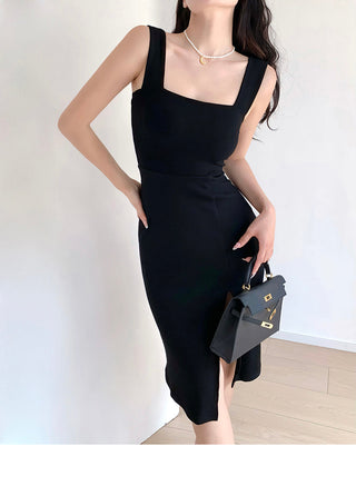 Solid color square neck slim dress