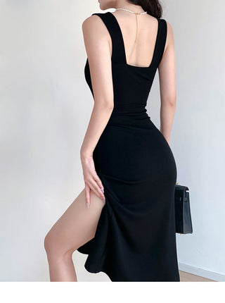 Solid color square neck slim dress