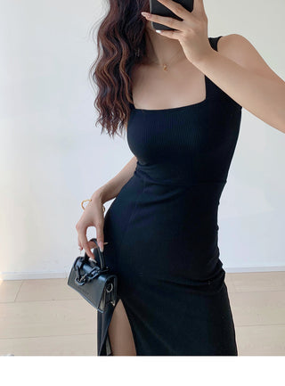 Solid color square neck slim dress