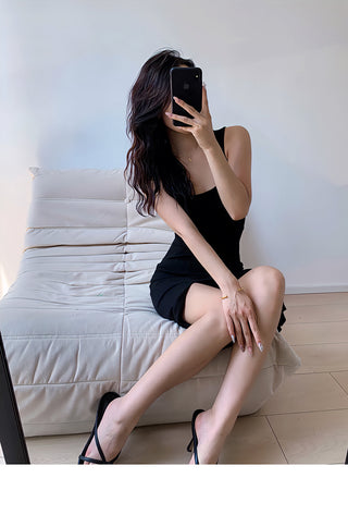 Solid color square neck slim dress
