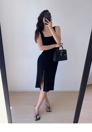 Solid color square neck slim dress