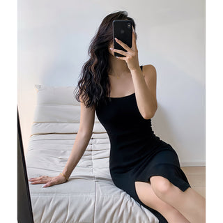 Solid color square neck slim dress