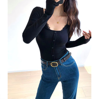 Retro fake two-piece lace edge pullover
