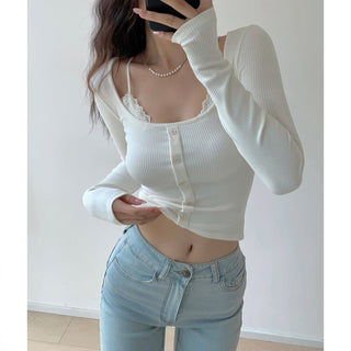 Retro fake two-piece lace edge pullover