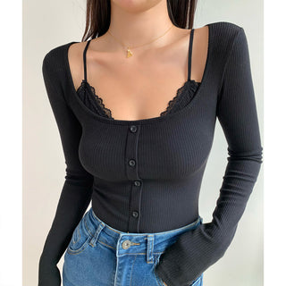 Retro fake two-piece lace edge pullover