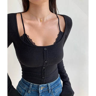 Retro fake two-piece lace edge pullover