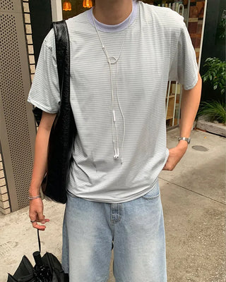 (Unisex) Striped Round Neck Short Sleeve T-Shirt