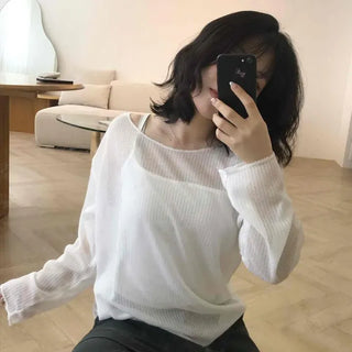 Loose Fit Plain Short Length Round Neck Long Sleeve T-Shirt