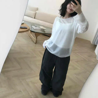Loose Fit Plain Short Length Round Neck Long Sleeve T-Shirt