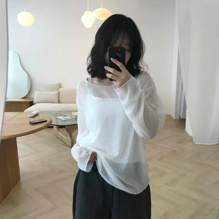 Loose Fit Plain Short Length Round Neck Long Sleeve T-Shirt