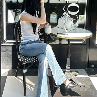 Washed Button Zipper Flare Bootcut Long Pants