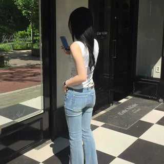Washed Button Zipper Flare Bootcut Long Pants