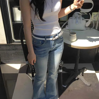 Washed Button Zipper Flare Bootcut Long Pants