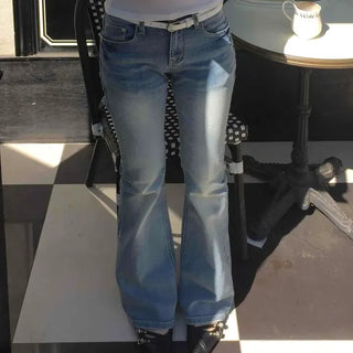 Washed Button Zipper Flare Bootcut Long Pants
